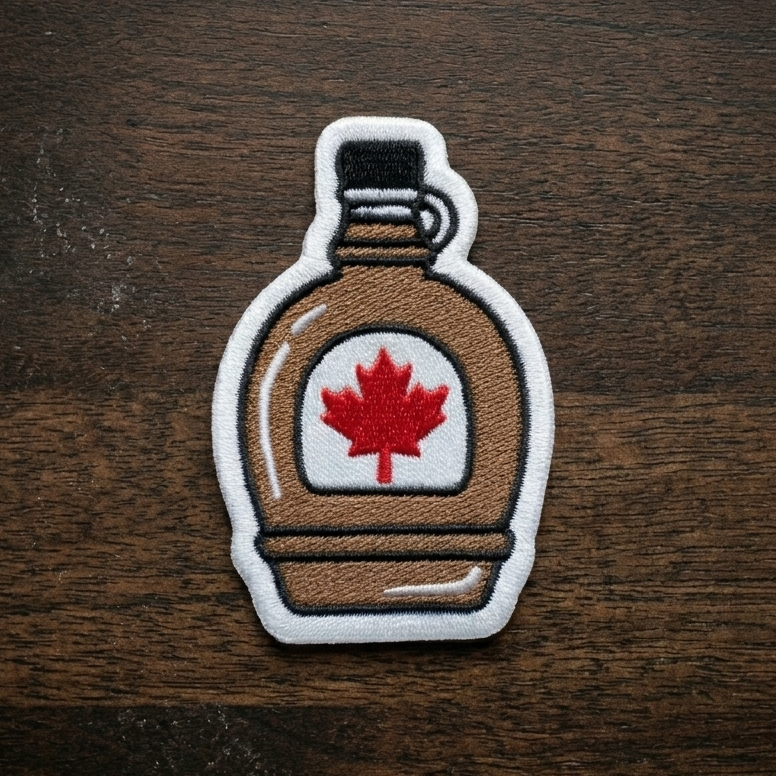 Fully embroidered maple syrup iron-on patch. Sitting on a dark wood surface. Made in Canada