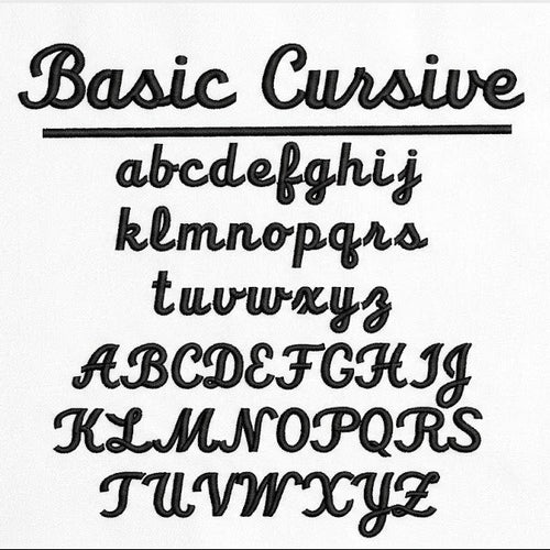 A preview of a black cursive alphabet font labeled 'Basic Cursive,' showing lowercase and uppercase letters on a white square background.
